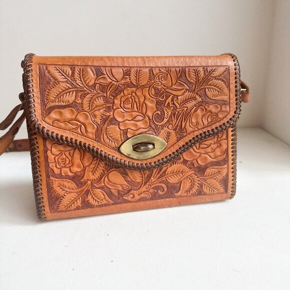 Vintage Leather Hand Tooled Floral Leaf Print Custom Made Structure Shoulder Bag - Picture 3 of 11